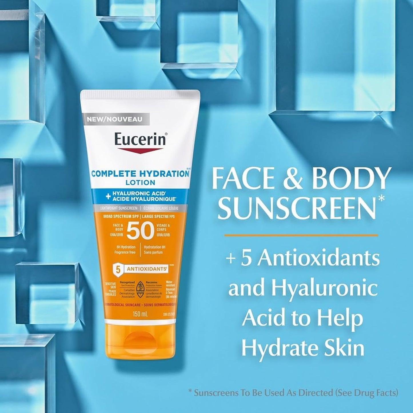 Eucerin Sun Complete Hydration Sunscreen, Daily Face Sunscreen SPF 50 with Hyaluronic Acid and Antioxidants, Hypoallergenic Body SPF 50 Lotion with UVA-UVB Sun Protection, Fragrance Free & Water-Resistant, Suitable for Sensitive Skin, 150 ml Tube - Available at All In One Marketplace Canada