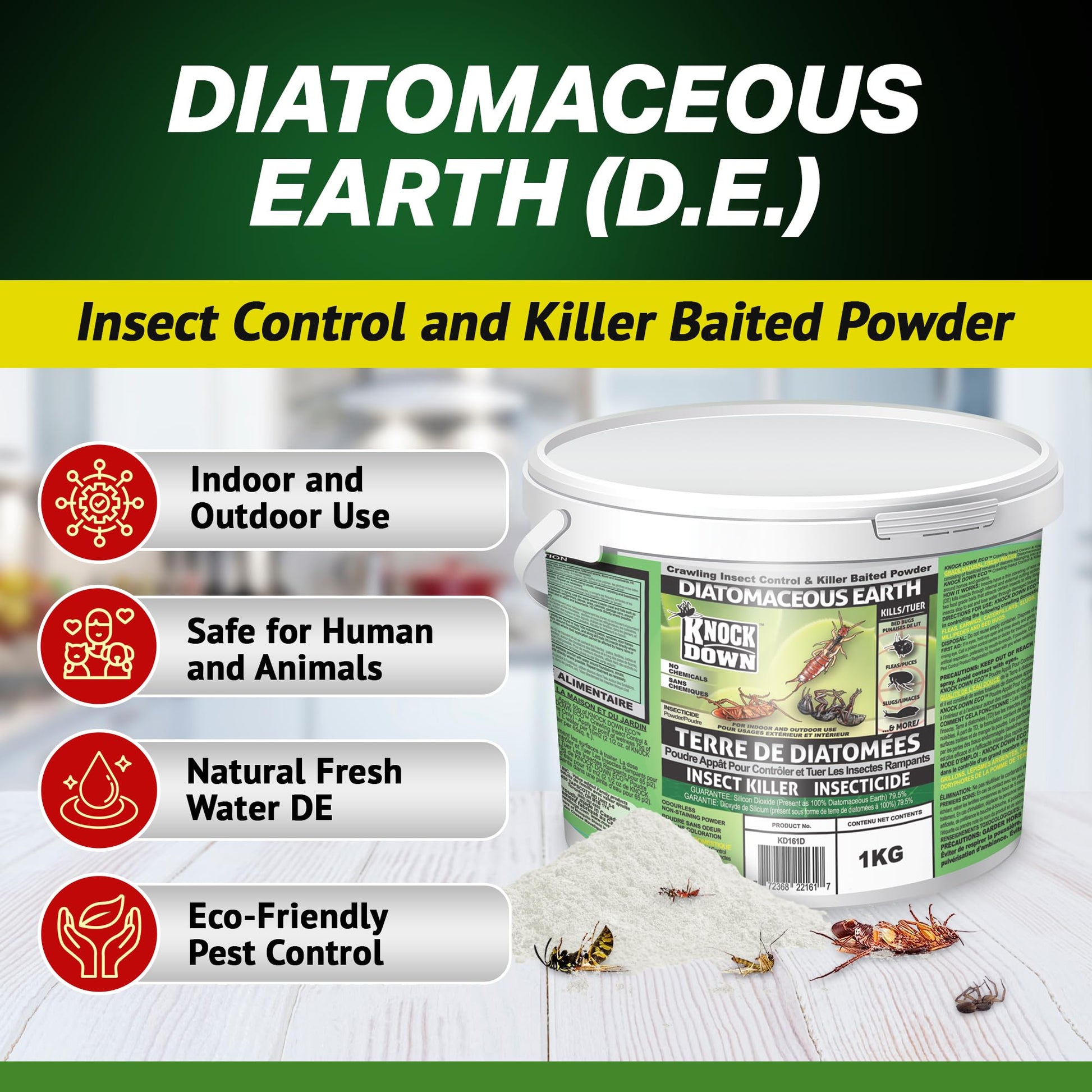 KNOCK DOWN - Diatomaceous Earth Insect Killer, Cockroach, Flea, Ant, Silverfish, Bed Bug Killer for Indoor and Outdoor Use, Food Grade Diatomaceous Earth Powder with Bait, 1kg Pail