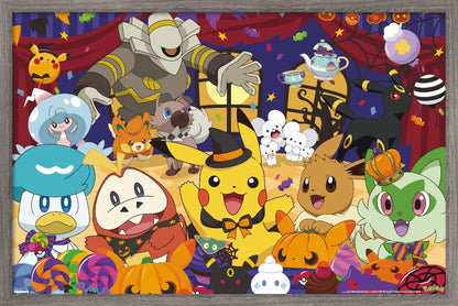Pokémon: Halloween Party- Group Wall Poster, 22.4L" x 14.7W", Barnwood Framed Version