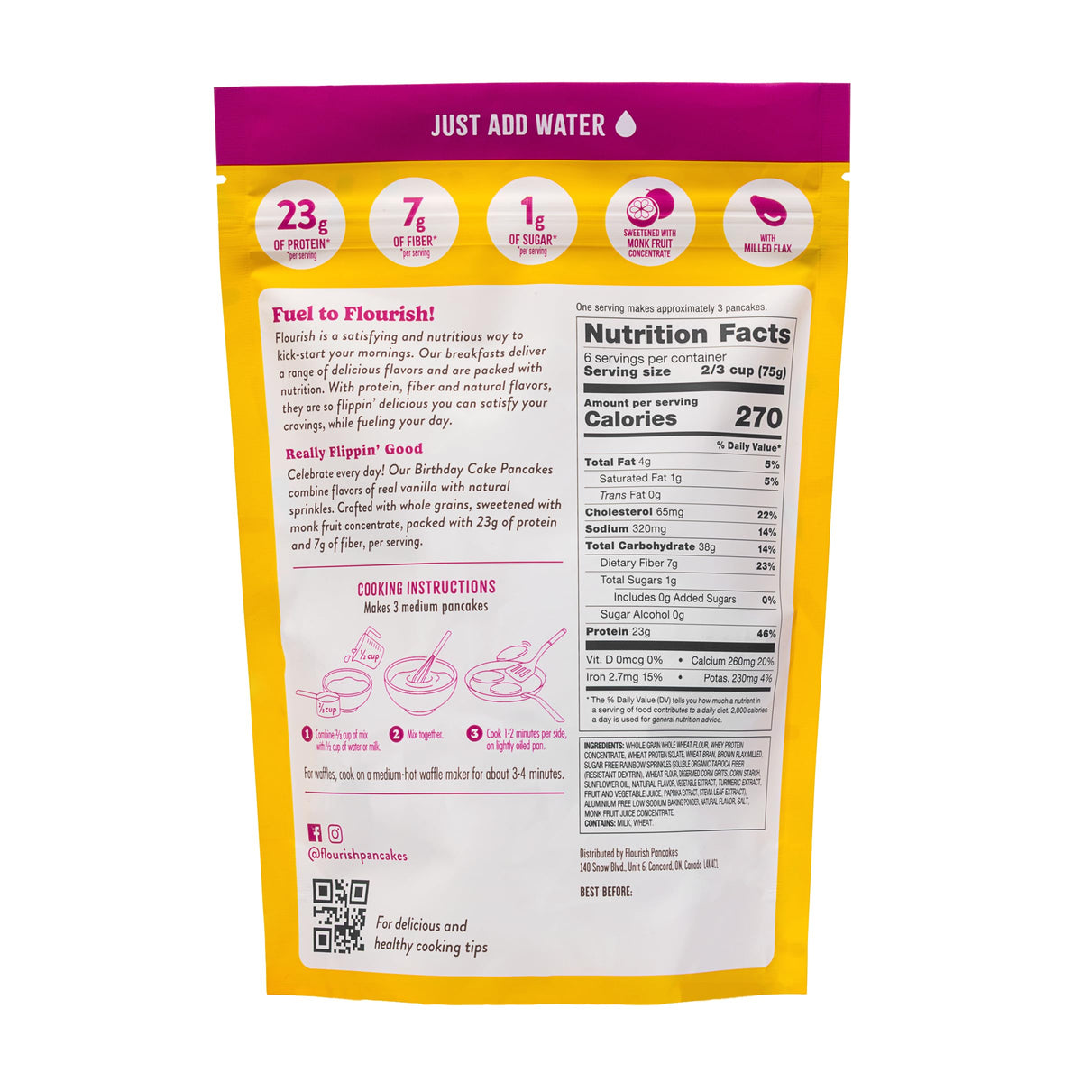 Flourish Protein Pancake & Waffle Mix with Whey Protein, No Added Sugar, High in Fiber, Just Add Water - Birthday Cake Flavour, 430 g Each (2 Pack) - Made in Canada (Two Pack, Birthday Cake) 🍁 All In One Marketplace Canada