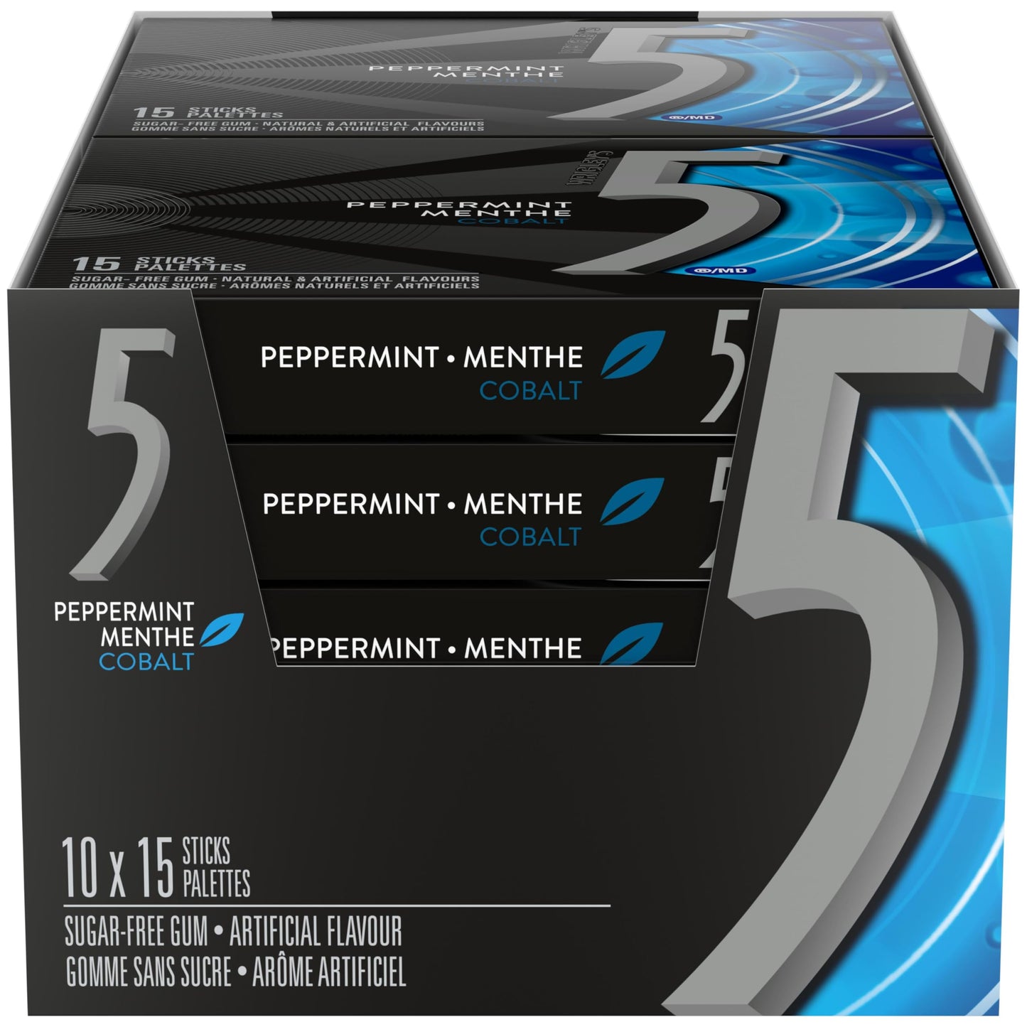 5 GUM, Peppermint-Cobalt Flavoured Sugar Free Chewing Gum, 15 Sticks, 10 Packs - Available at All In One Marketplace Canada