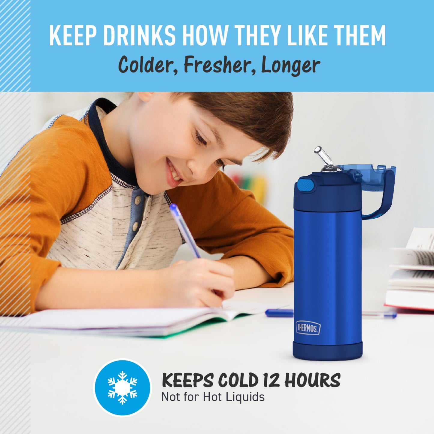 THERMOS FUNTAINER Water Bottle with Straw, 14oz, Navy