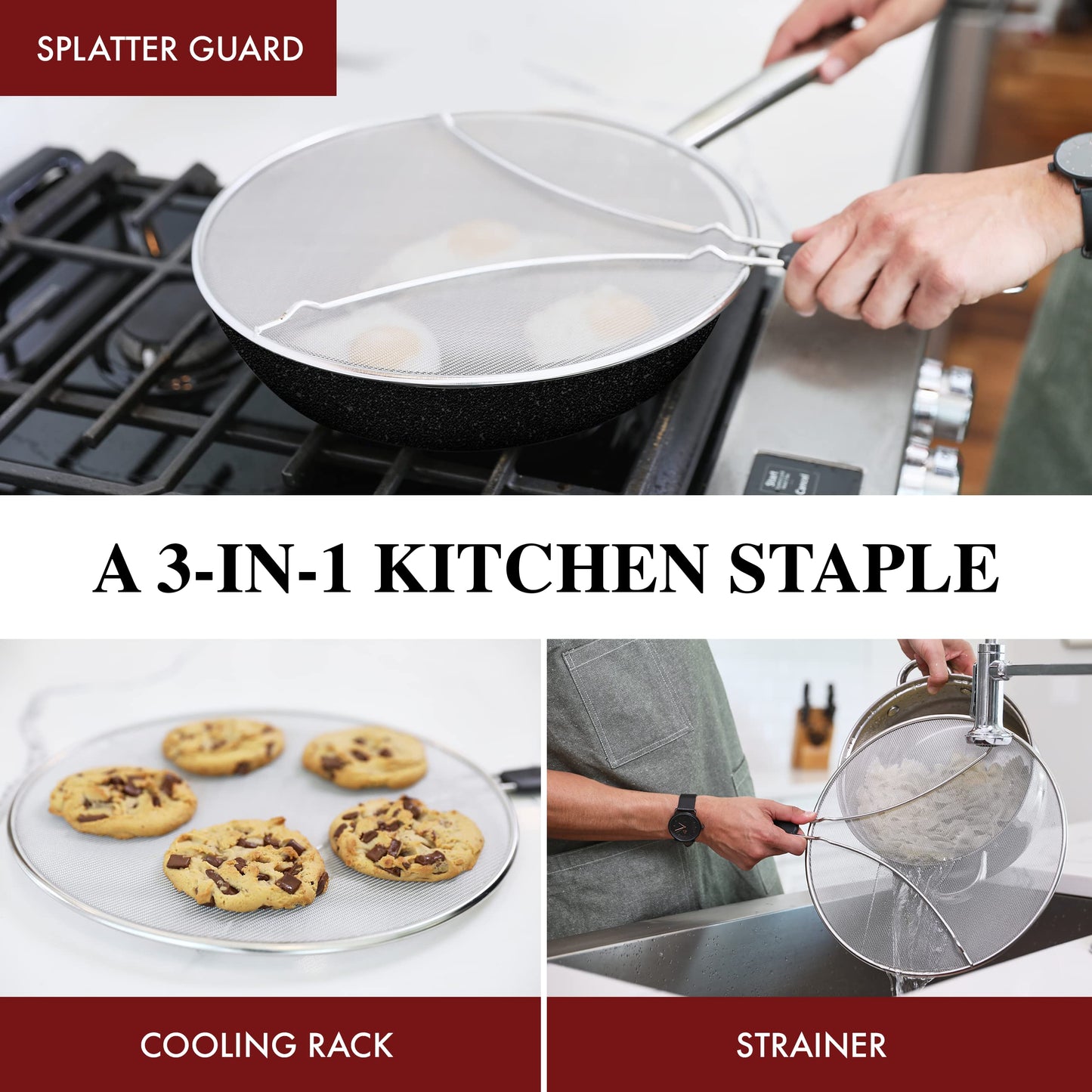 Splatter Screen for Frying Pan - 13 Inch Stainless Steel Grease Splatter Guard - Cover Oil Splash When Sizzling Bacon, Cooking Fried Chicken or Popcorn - Available at All In One Marketplace Canada