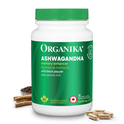 Organika Canadian-Made Ashwagandha with Black Pepper- Enhanced Absorption, Memory Support, Sleep Aid, Adaptogenic- 90vcaps Organika