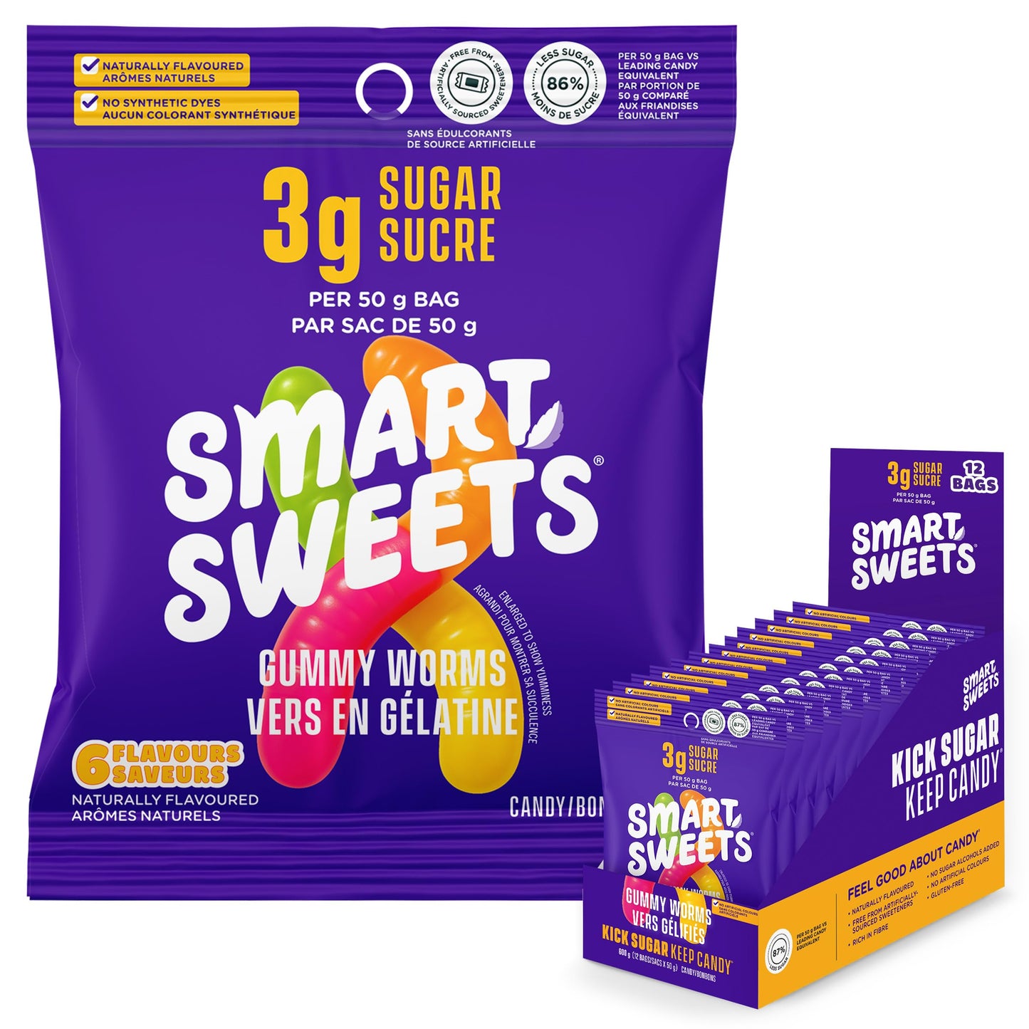 SmartSweets Gummy Worms, Low Sugar Gummy Candy, 50g Bags, 12 Pack SmartSweets