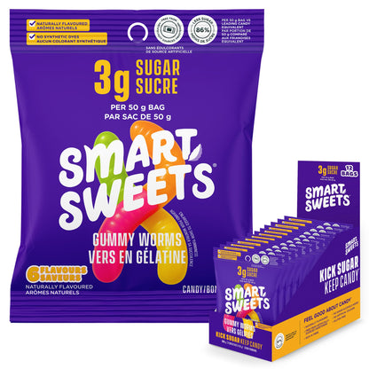 SmartSweets Gummy Worms, Low Sugar Gummy Candy, 50g Bags, 12 Pack SmartSweets