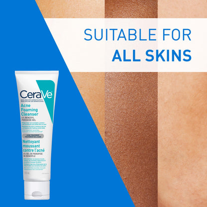 CeraVe 4% Benzoyl Peroxide Acne Treatment Foaming Cleanser Face & Body Wash, with Hyaluronic Acid and Niacinamide. Helps Clear Acne Pimples and prevent breakouts. Gentle Gel, Fragrance-Free, 150ML