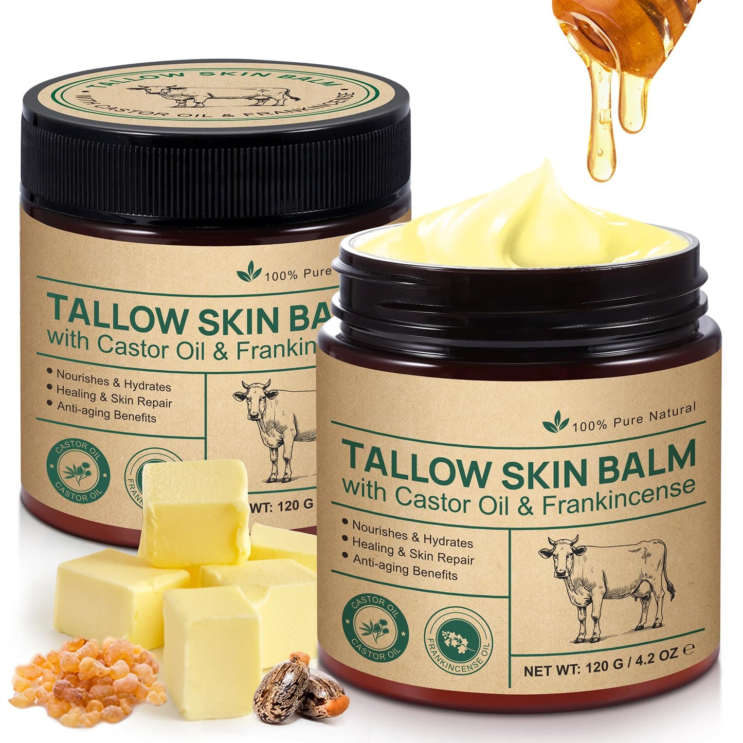 Beef Tallow Skin Care with Castor Oi & Frankincenses, Grass Fed Whipped Tallow Honey Balm for Face & Body, Natural Moisturizer Hydrates, Deeply Nourishes, Enhances Natural Radiance 120g - Available at All In One Marketplace Canada
