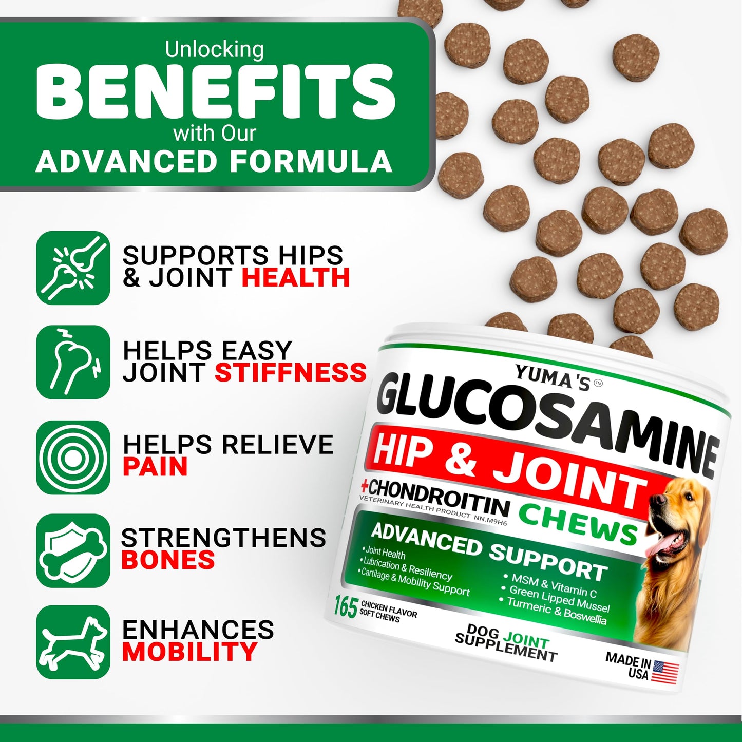 Glucosamine for Dogs - 165 Chews - Hip and Joint Supplement for Dogs - Glucosamine Chondroitin Chews - Joint Pain Relief Supplement with MSM - Advanced Health - Mobility Support - Made in USA
