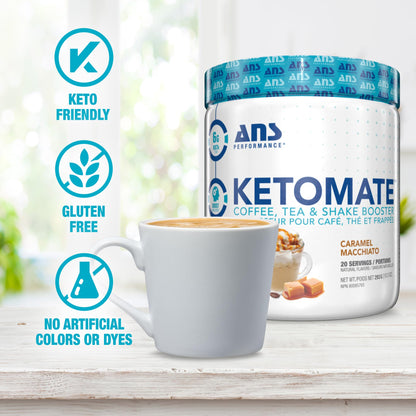 ANS Performance Ketomate Coffee Creamer with MCT Oil Powder – Caramel Macchiato, Sugar-Free, Keto-Friendly Beverage Mix, 20 Servings (293g / 10.3 oz)