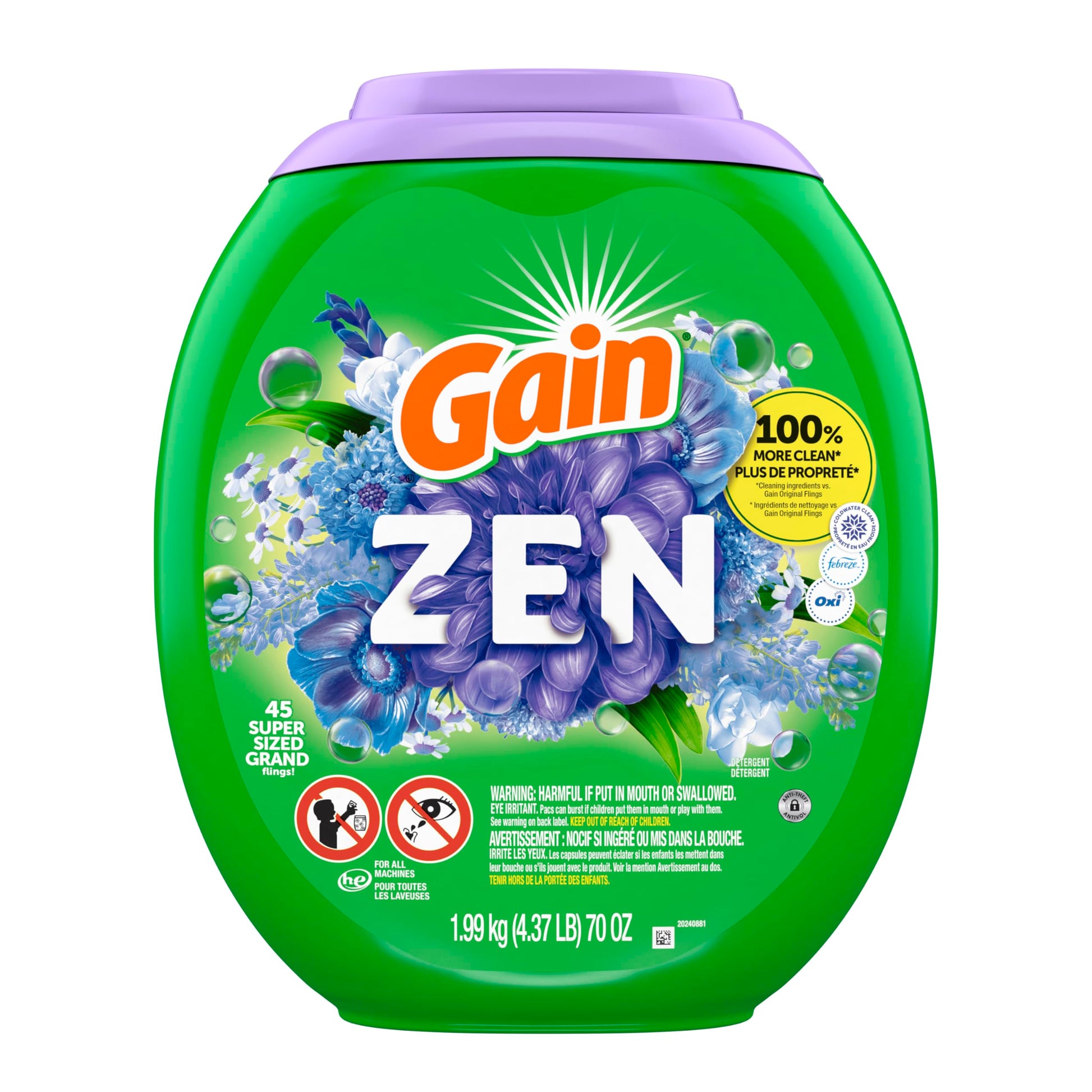 Gain Super Flings Laundry Detergent Pacs, 45 Count, Zen, irresistibly clean and fresh - Available at All In One Marketplace Canada