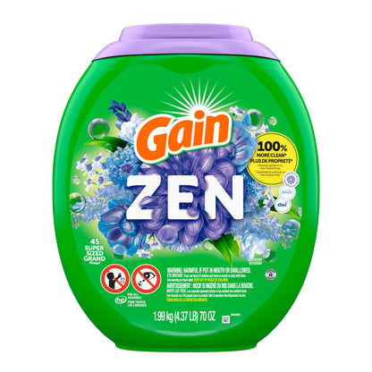 Gain Super Flings Laundry Detergent Pacs, 45 Count, Zen, irresistibly clean and fresh - Available at All In One Marketplace Canada