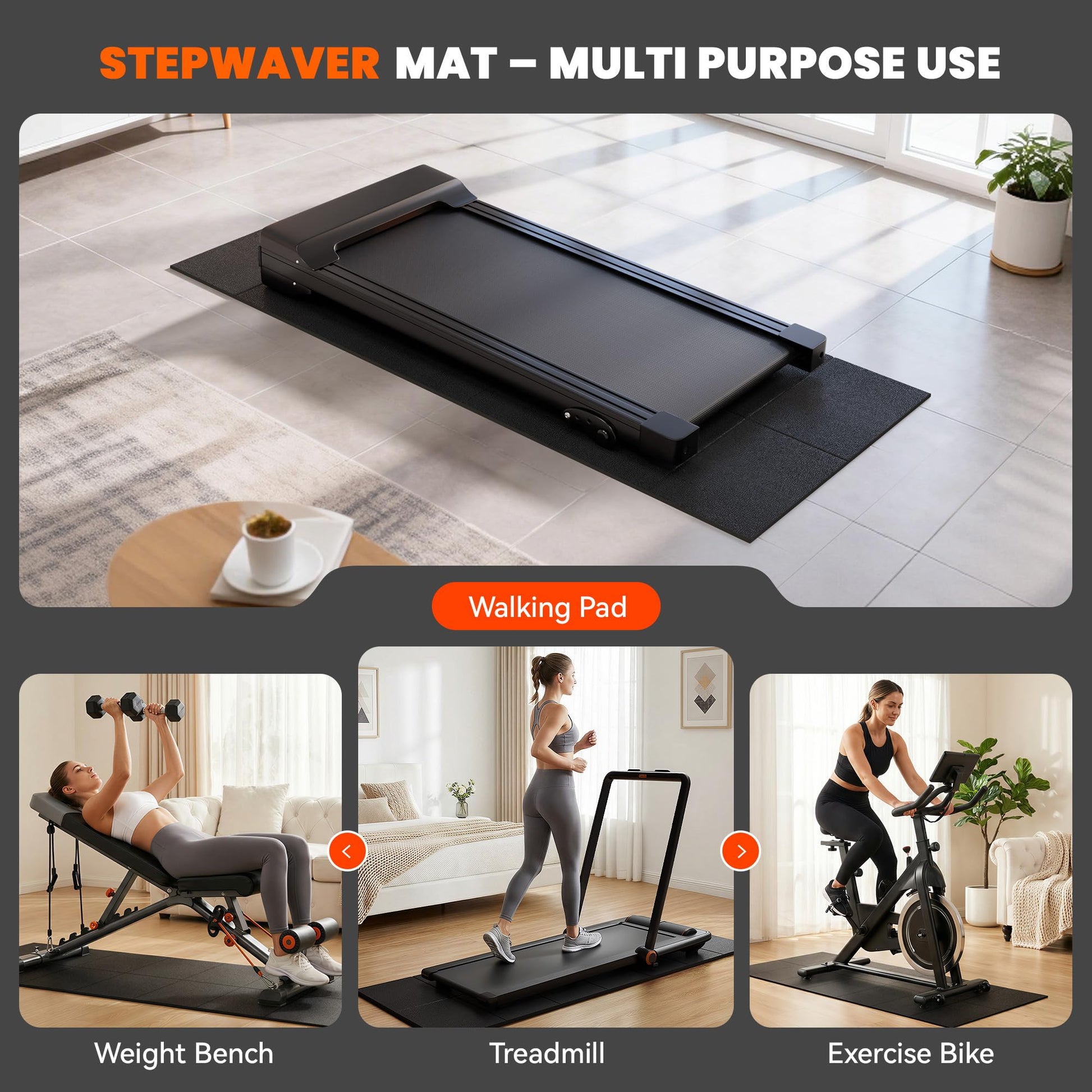 Stepwaver Walking Pad Mat for Carpet, Treadmill Mat for Hardwood Floors, High Density, 1/4 Thickness, Foldable, Floor Protection for Bike, Elliptical, Treadmill