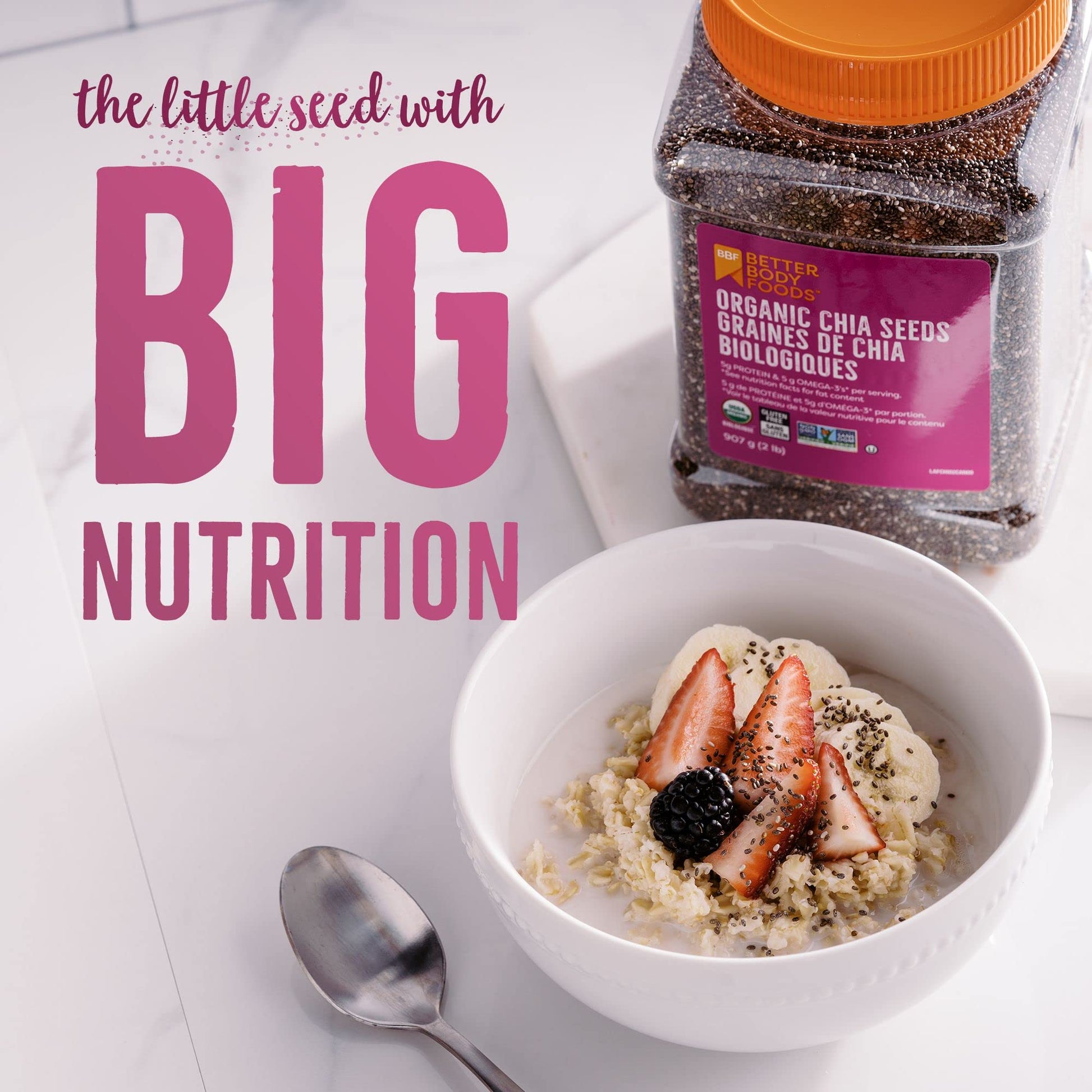 Betterbody Foods Organic Chia Seeds with Omega-3, Non-GMO, Gluten-Free, Vegan, Kosher, 2 pounds (907 grams) - Available at All In One Marketplace Canada