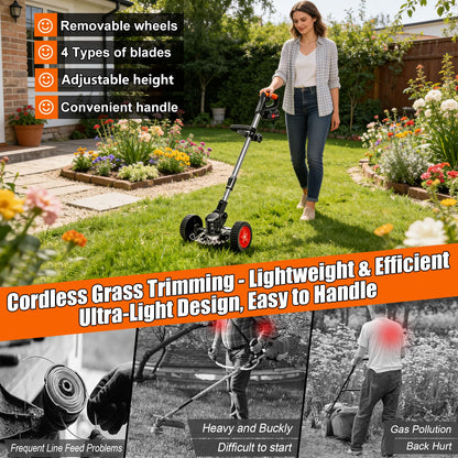 21V Cordless Weed Wacker for Thick Weeds, Lawn & Yard, 3-in-1 String Trimmer/Edger/Brush Cutter with 2 Batteries, 4 Blades & Wheels, 90° Pivot Head, Adjustable Height, Lightweight Easy for Homeowners - Available at All In One Marketplace Canada
