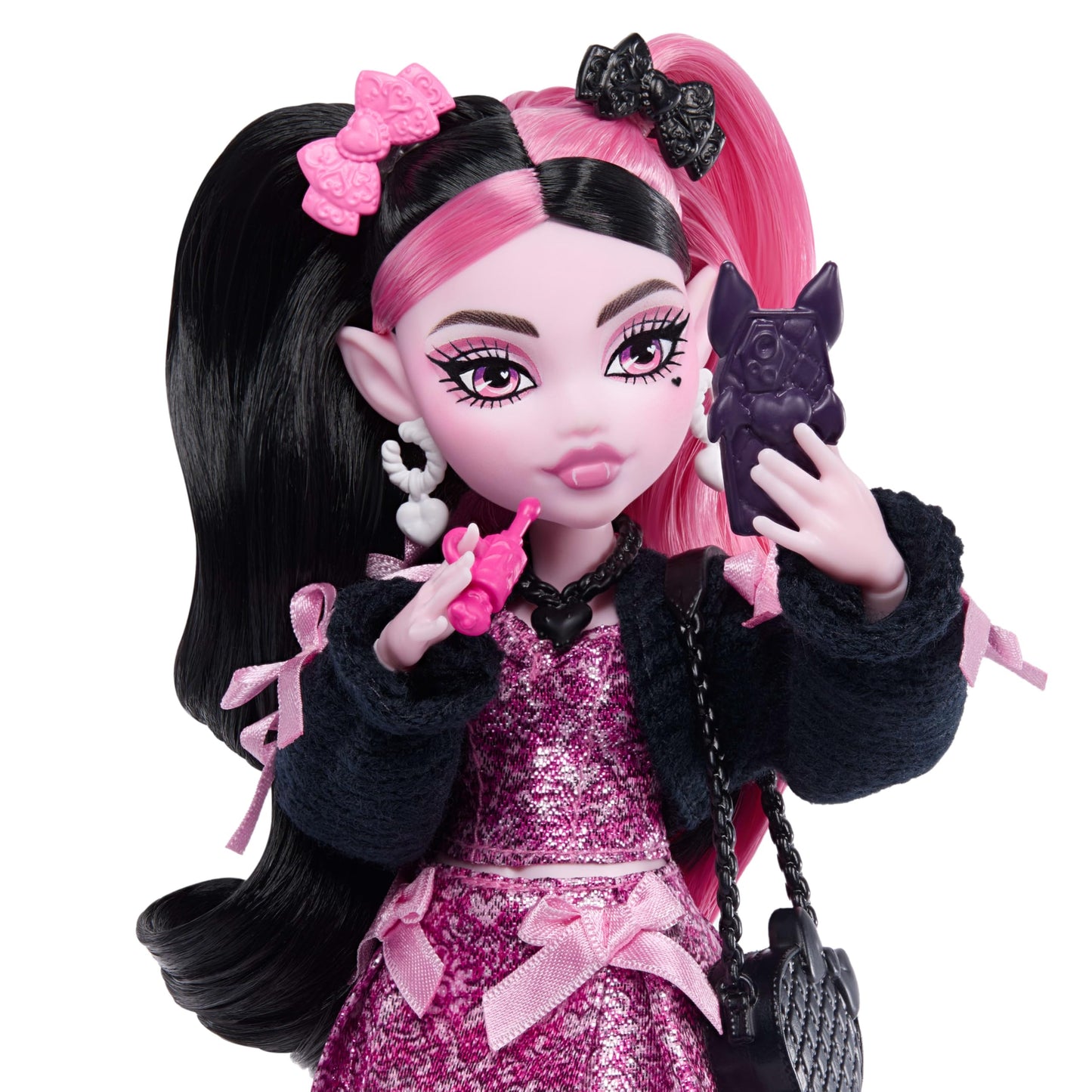 Monster High Doll, Draculaura in Pink Bow Dress and Black Cardigan with Pet Bat Count Fabulous and 7 Accessories Like Ramen, Lipstick and Purse 🍁 All In One Marketplace Canada