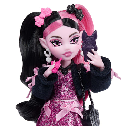 Monster High Doll, Draculaura in Pink Bow Dress and Black Cardigan with Pet Bat Count Fabulous and 7 Accessories Like Ramen, Lipstick and Purse 🍁 All In One Marketplace Canada