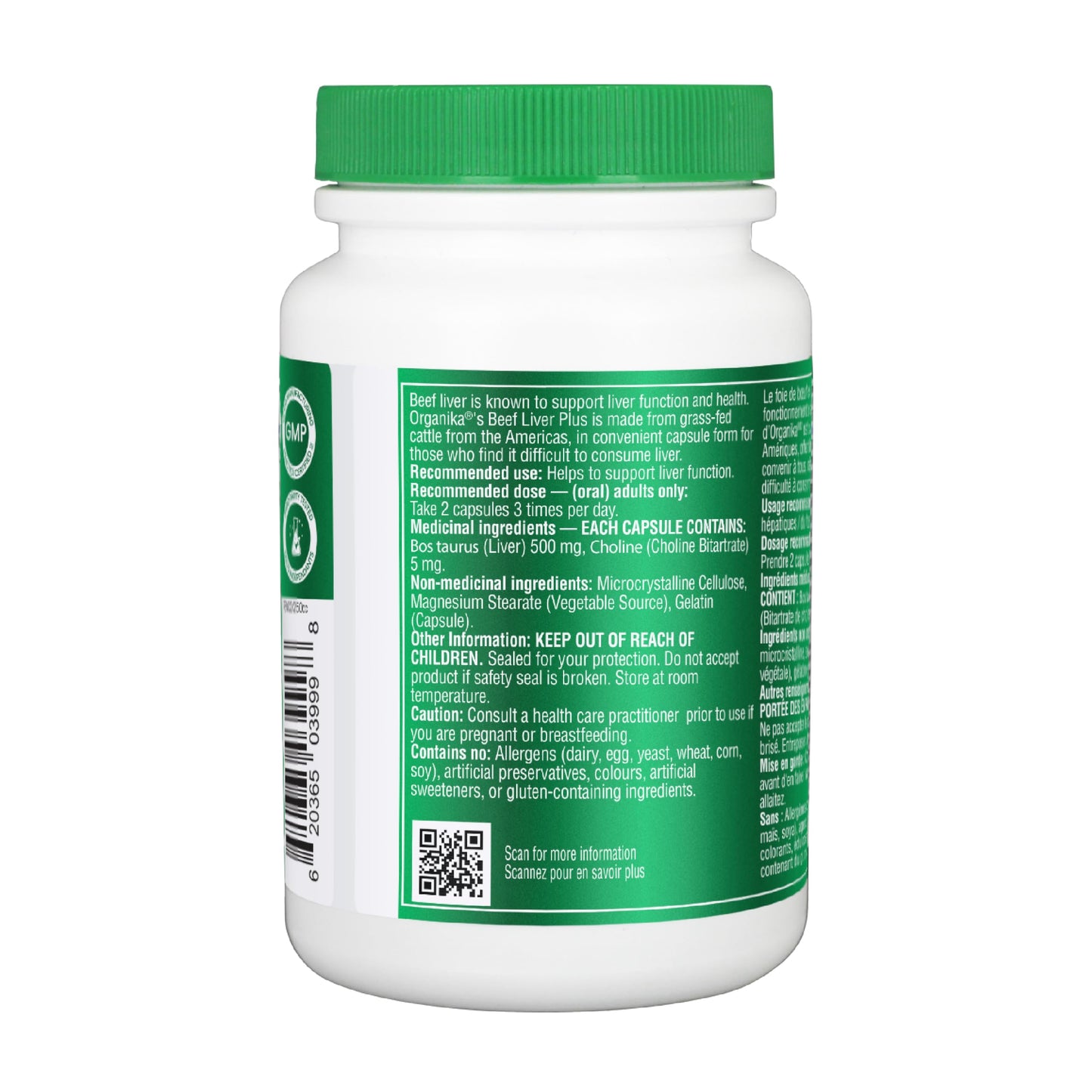 Organika Beef Liver Plus Choline- Sourced from Grass-Fed + Finished Cattle, Pasture Raised, High in Vitamins and Minerals, Supports Liver Function, Energy Levels, and Immunity- 90caps - Available at All In One Marketplace Canada