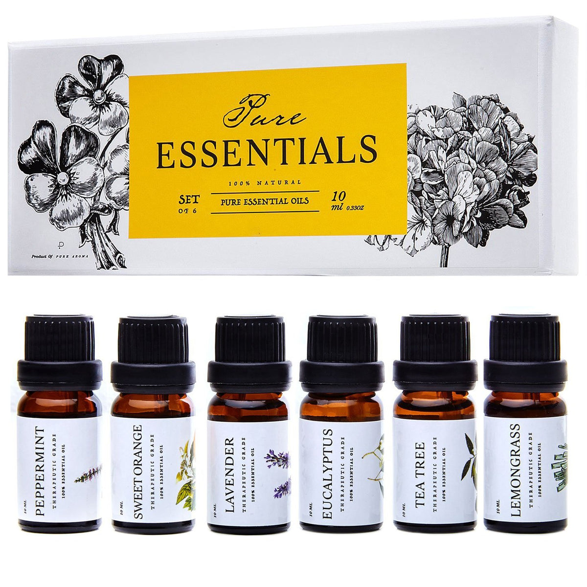 Essential Oils by Pure Essentials Aromatherapy Set - 6 x 10ML Oils for Diffusers, Home Care, Candle Making Scents, Fragrance, Humidifiers, Gifts - Peppermint, Tea Tree, Lavender, Eucalyptus, Orange 🍁 All In One Marketplace Canada