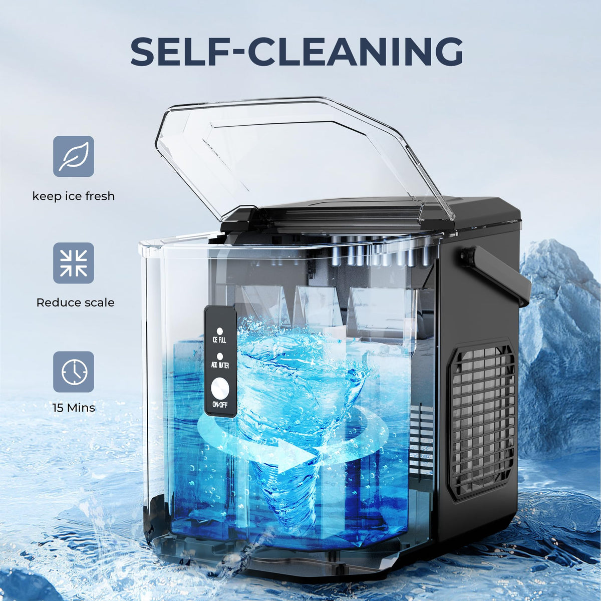 Euhomy Portable Countertop Ice Maker - 9 Cubes in 6 Mins, 26lbs/Day, Self-Cleaning with Ice Scoop & Basket, Compact for Home/Kitchen/Office/RV (Black)