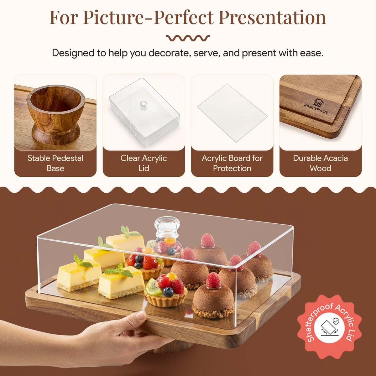 HOMESPHERE Acacia Wood Cake Stand with Lid - Rectangular Cake Holder, 2-in-1 Dessert Table Display Set & Charcuterie Board for Cheese, Chips, Fruit Platter, Large Acrylic Cake Dome Cover, No Glass 🍁 All In One Marketplace Canada