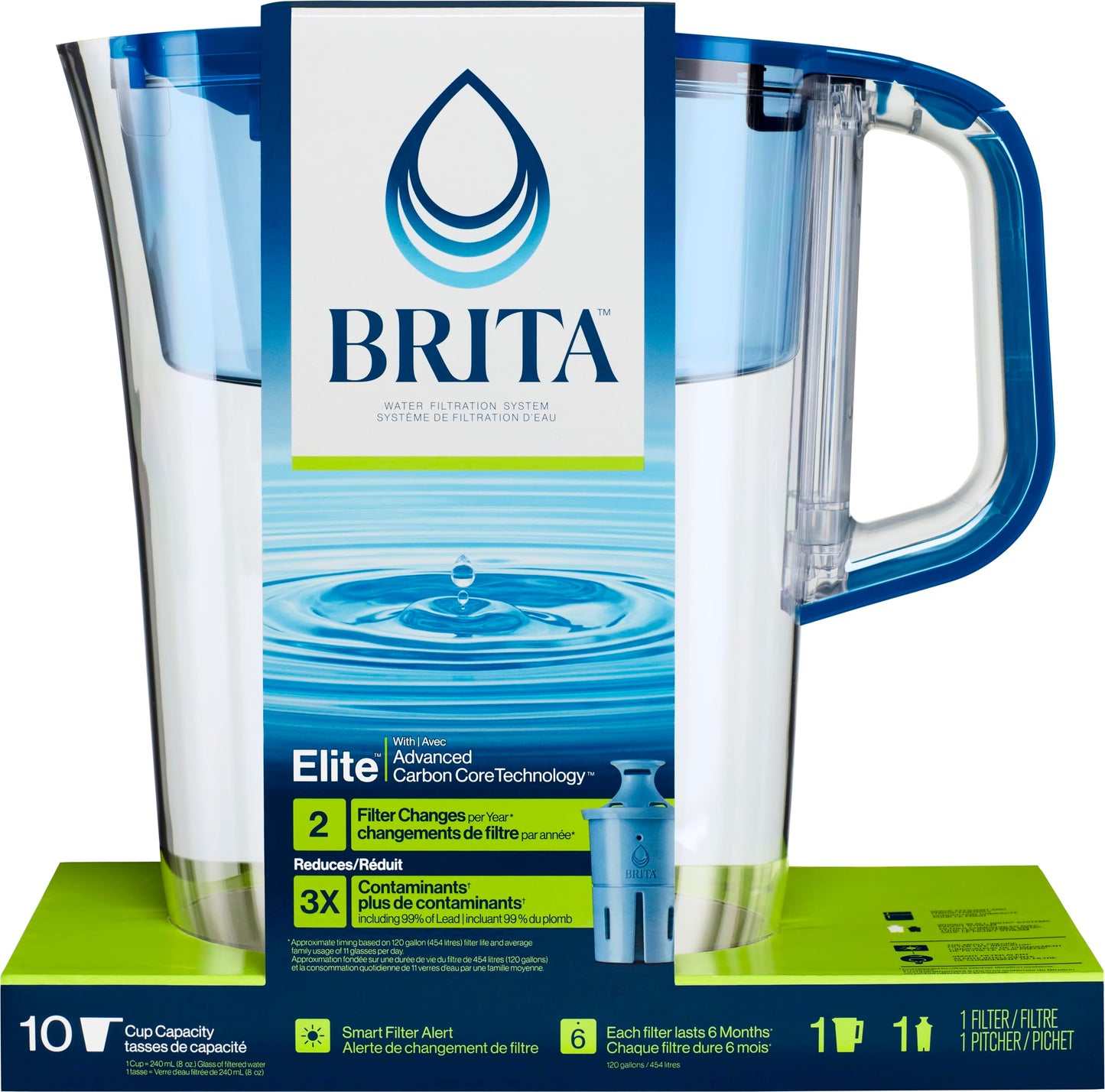 Brita 10 Cup Elite Filter Pitcher with Smart Light Indicator, Reduces 30+ Contaminants including Lead and Microplastics, Filter lasts 6 months, Tahoe, Blue - Available at All In One Marketplace Canada