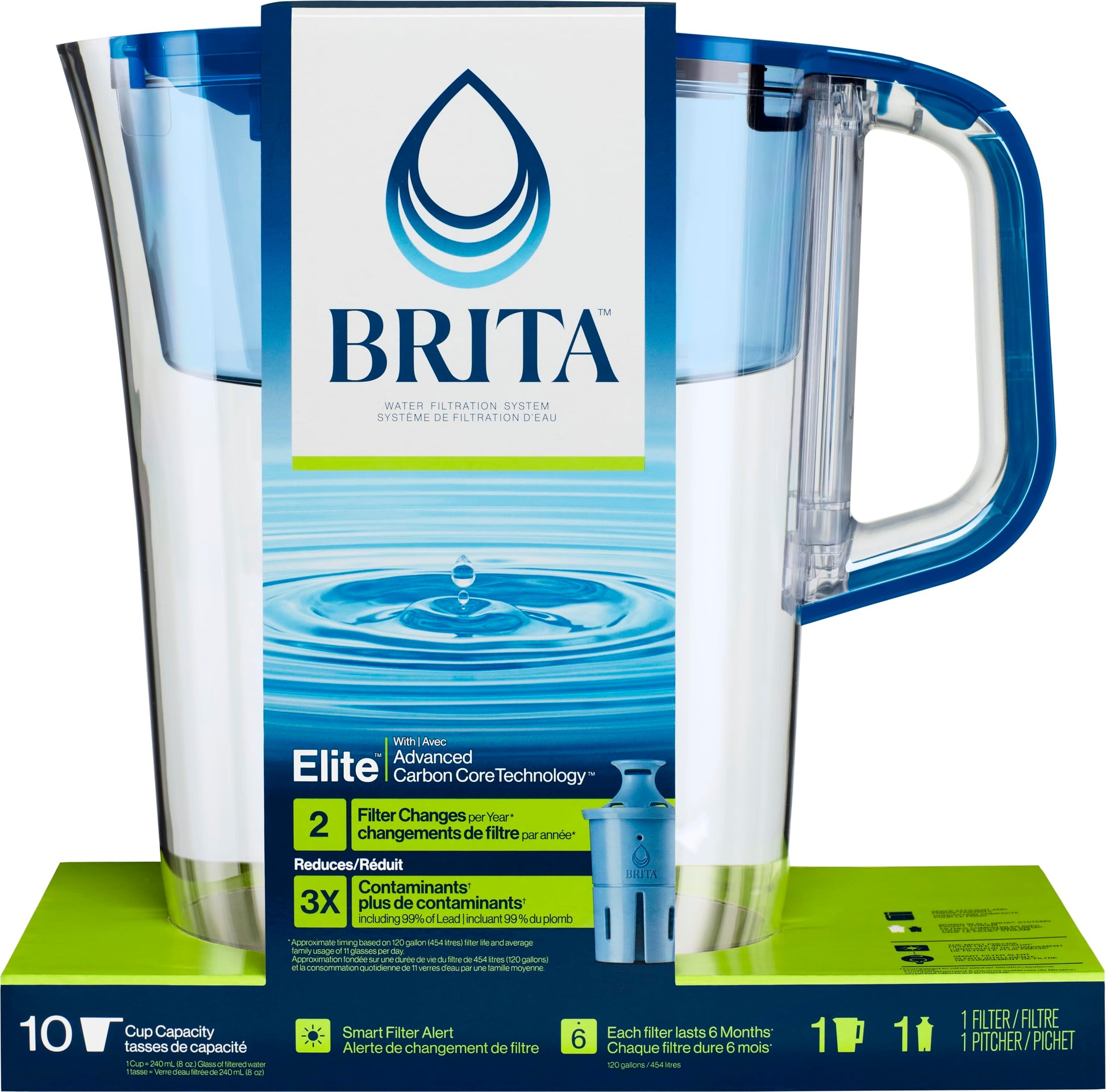 Brita 10 Cup Elite Filter Pitcher with Smart Light Indicator, Reduces 30+ Contaminants including Lead and Microplastics, Filter lasts 6 months, Tahoe, Blue - Available at All In One Marketplace Canada