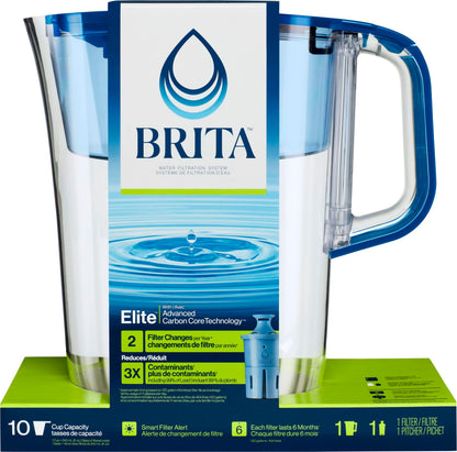 Brita 10 Cup Elite Filter Pitcher with Smart Light Indicator, Reduces 30+ Contaminants including Lead and Microplastics, Filter lasts 6 months, Tahoe, Blue - Available at All In One Marketplace Canada
