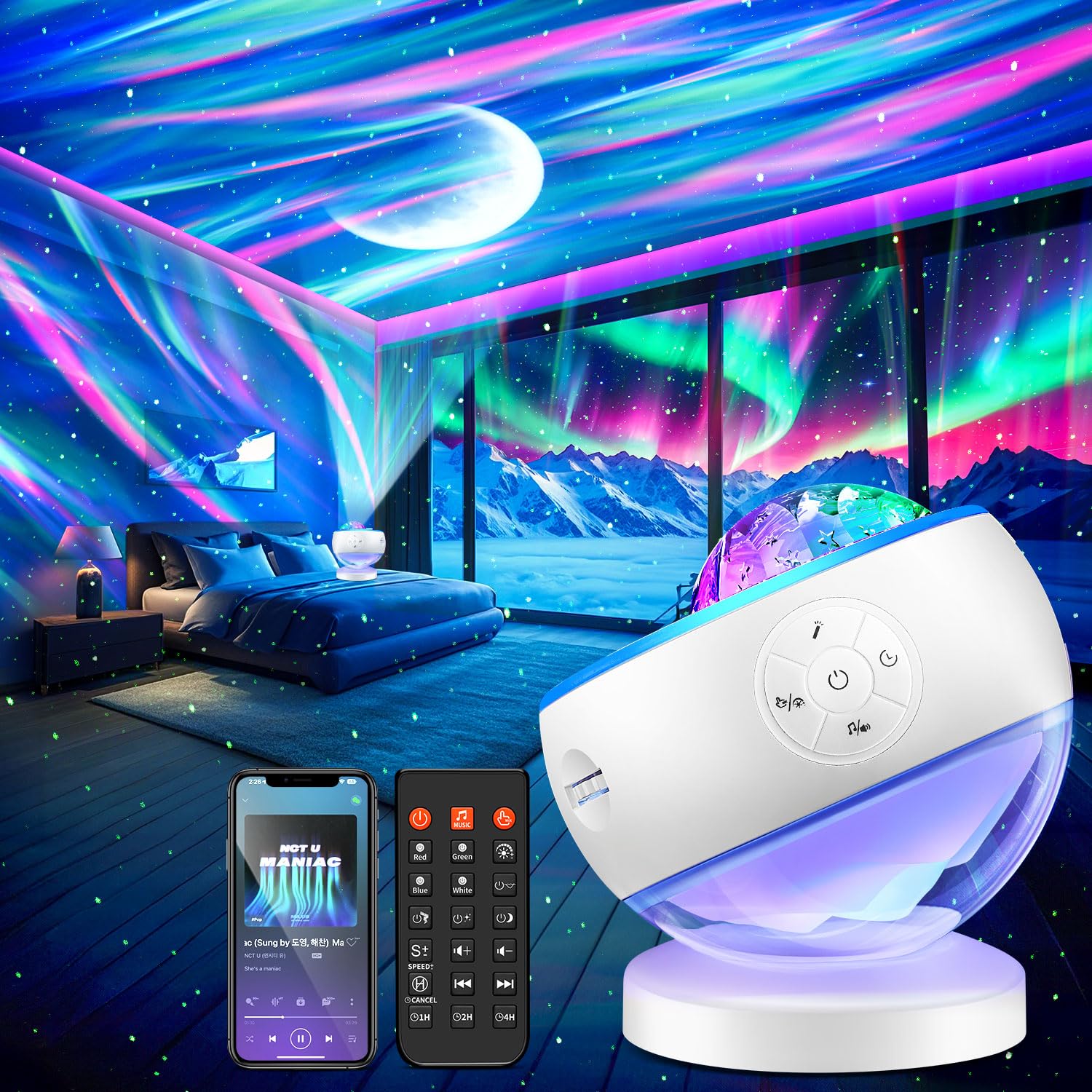 Northern Lights Projector Galaxy Projector with 300+ Light Effects, LED Star Projector for Bedroom Aurora Light, Remote Control, 15 White Noises, Bluetooth Speaker Galaxy Light Gifts for Kids Adults - Available at All In One Marketplace Canada