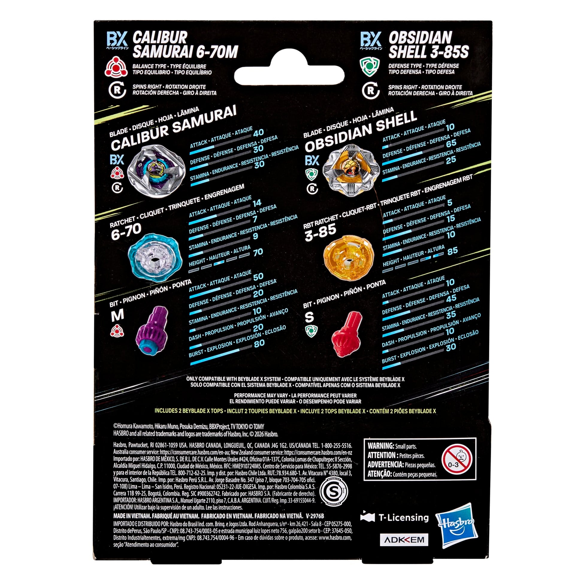 Beyblade X Calibur Samurai 6-70M BX & Obsidian Shell 3-85S BX Takara Tomy Dual Pack Set with 2 Right-Spinning Tops, Battling Tops Game Toys, Ages 8+ BEYBLADE