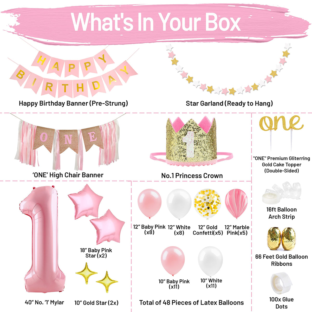 Baby Girl First Birthday Decorations - 1st Birthday Girl Decoration Pink Gold Party Supplies - Happy First Birthday Banner, Number 1 Balloon and Crown, Balloon Arch, High Chair Banner, ONE Cake Topper 🍁 All In One Marketplace Canada