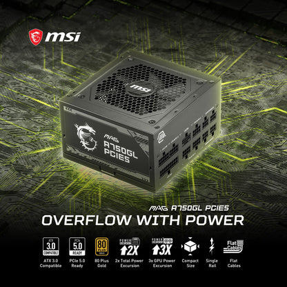MSI MAG A750GL PCIE5, Fully Modular Compact Gaming 750W Power Supply, 80+ Gold, ATX 3.1 & PCIe 5.1 Ready, Native Dual-Color 12V-2x6 Cable, 10 Year Warranty 🍁 All In One Marketplace Canada