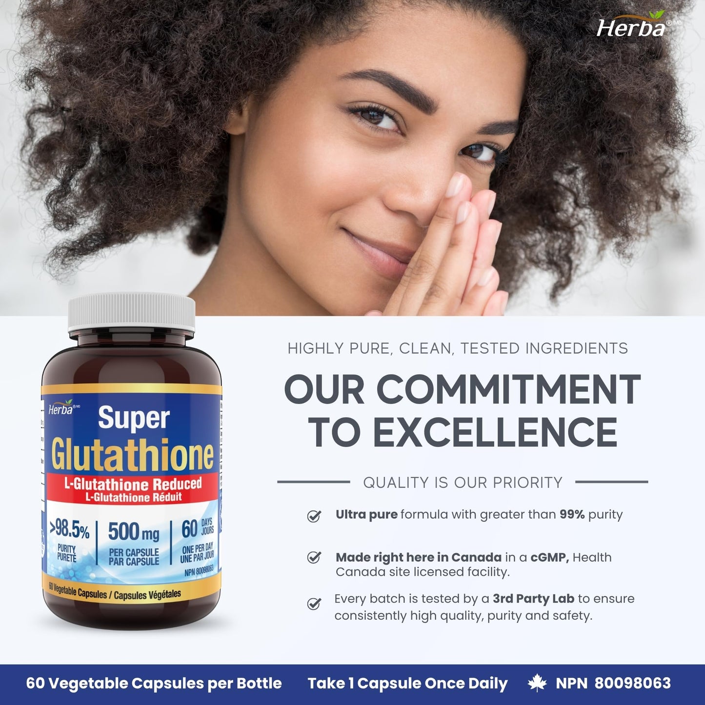 Herba Glutathione Supplement 500mg - 60 Vegetable Capsules | L Glutathione Reduced Active Form | Super Glutathione 500mg Capsule for Antioxidants | >98.5% Purity | Made in Canada - Available at All In One Marketplace Canada