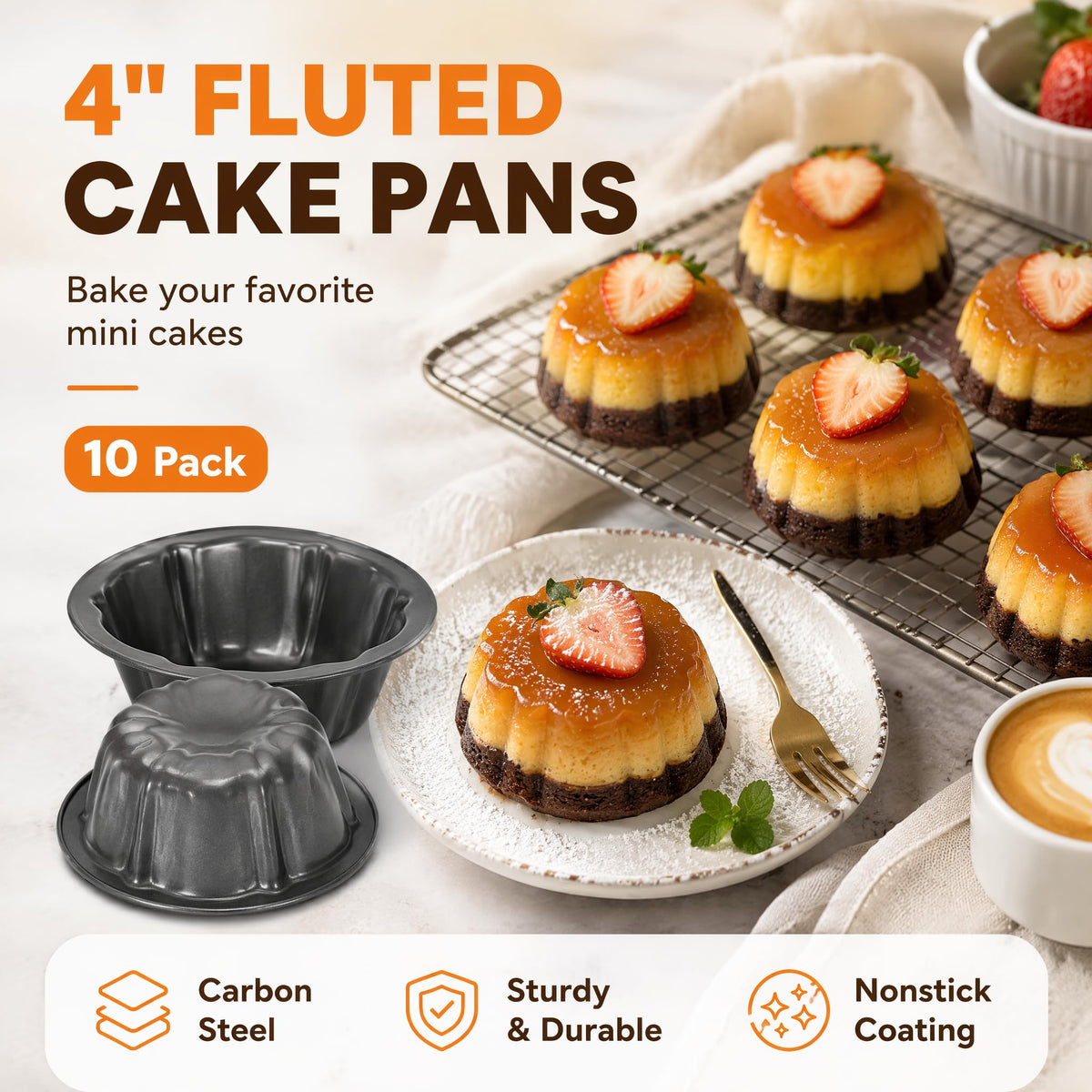 ZENFUN 10 Pcs Mini Flan Molds Pan, 4 Inches Fluted Cake Pan Nonstick, Carbon Steel Mini Flan Molds Pans, Cake Pans Reusable Tube Oven Baking Mold for Cupcake, Bread, Bavarois, Brownie 🍁 All In One Marketplace Canada