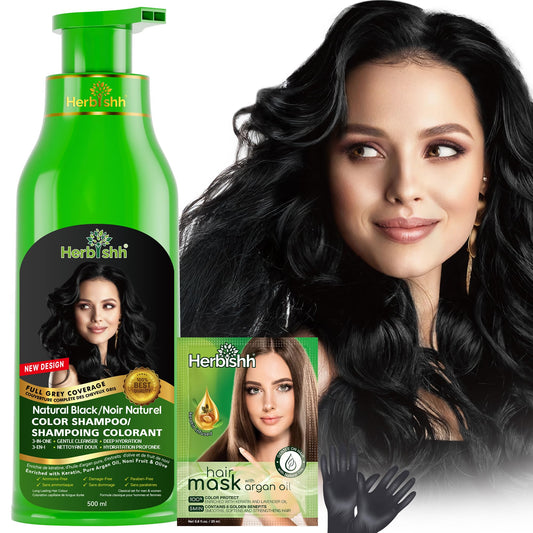 Herbishh Black Hair Dye Shampoo (500 mL), 3 in 1 Demi Permanent Hair Color Shampoo for Grey Coverage in 5-15 Minutes, Ideal for Women & Men. Ammonia-Free - Available at All In One Marketplace Canada