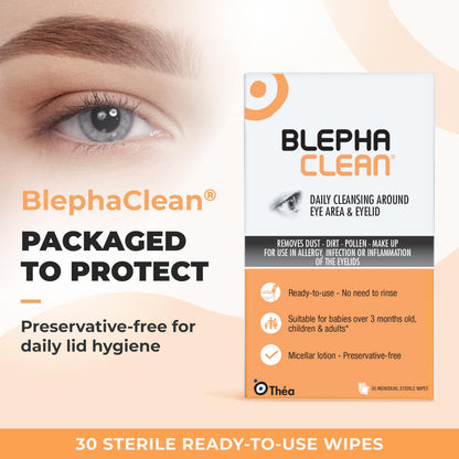 Thea Pharma BlephaClean Lid Wipes - Gentle, Sterile Ready-to-Use for Daily Lid Care, Ideal for those diagnosed with Dry Eye, including MGD & Blepharitis and Infants, Individually Wrapped - 30 Wipes - Available at All In One Marketplace Canada