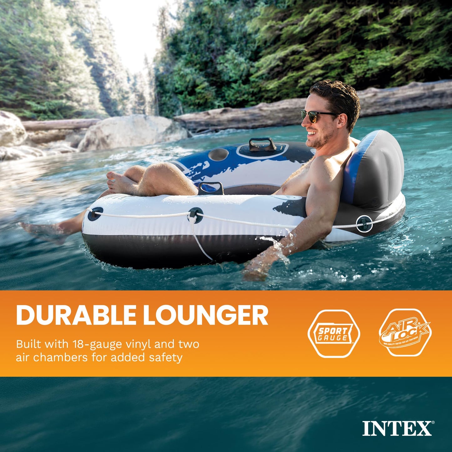 INTEX 58825EP River Run 1 Inflatable Floating Lounge: Comfortable Backrest – Built-in Cup Holders – Durable Grab Handles – All Around Grab Rope – 220lb Weight Capacity– Blue 🍁 All In One Marketplace Canada