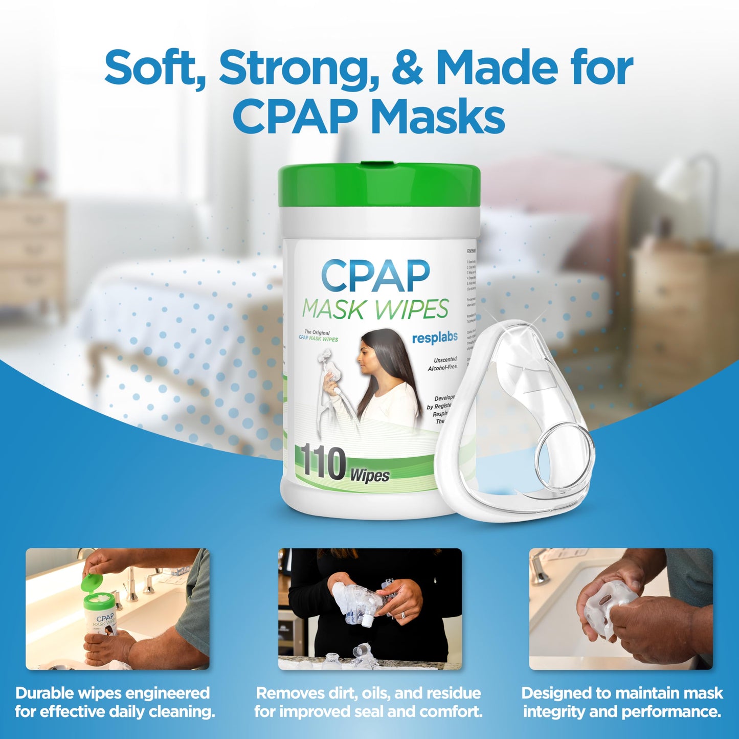 resplabs CPAP Mask Wipes, 110 Count Unscented - Safe for All CPAP Masks, Cushions, and Supplies - Daily Use Cleaning Wipes