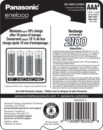 Panasonic BK-4MCCA4BA Eneloop AAA 2100 Cycle Ni-MH Pre-Charged Rechargeable Batteries, 4 Pack
