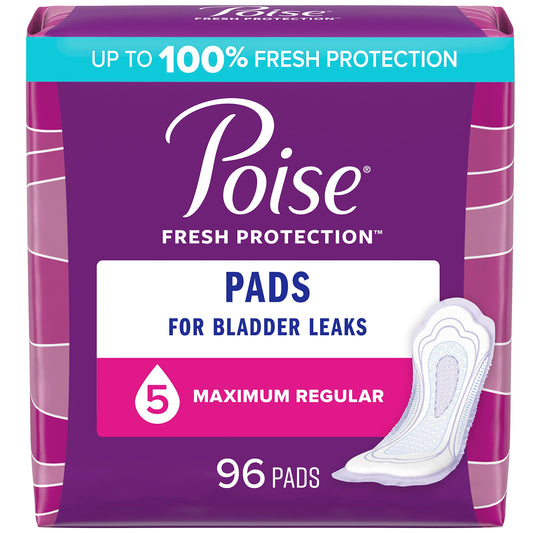 Poise Postpartum Incontinence Pads, Maximum Absorbency, Regular Length, 96 Count (2 packs of 48)