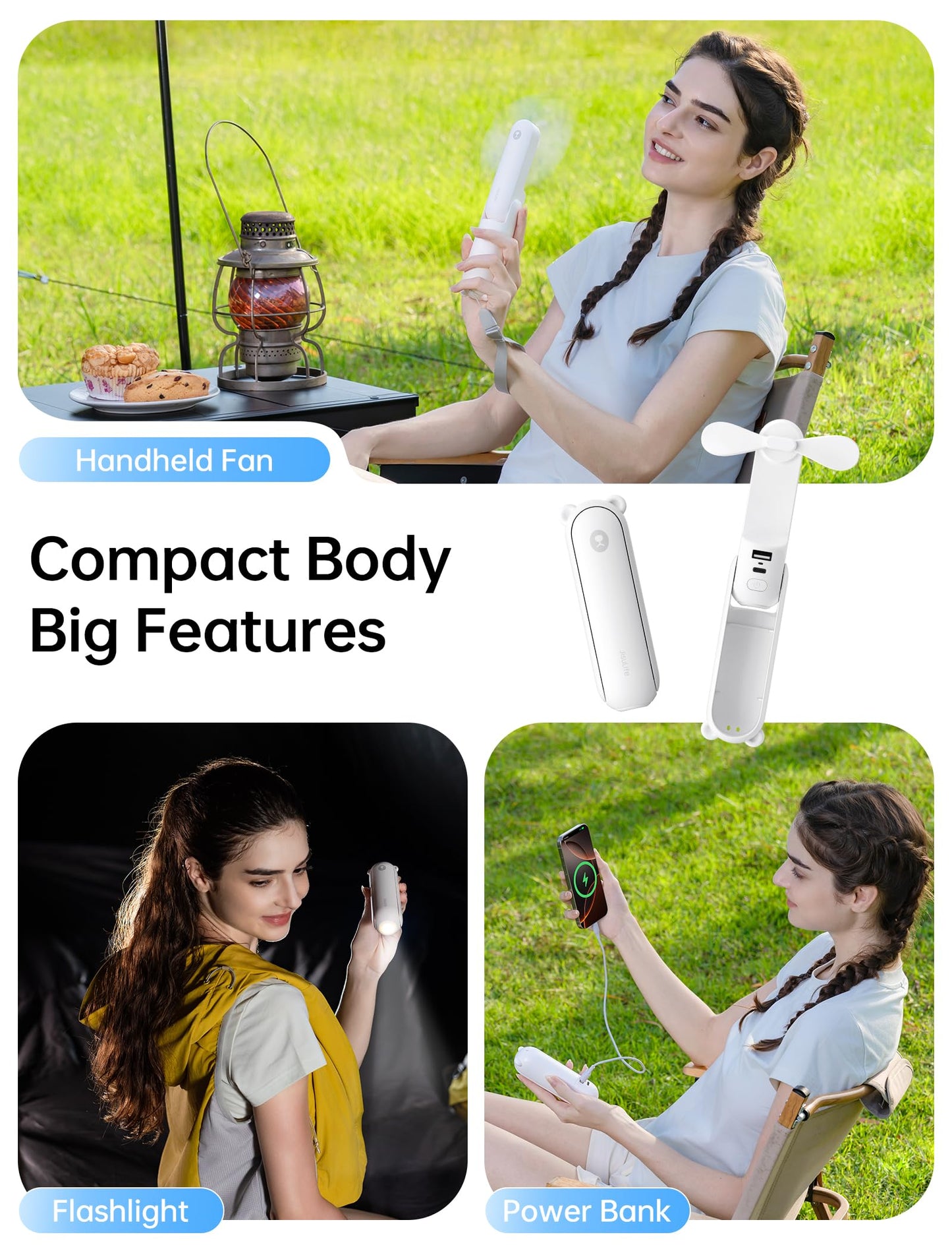 JISULIFE Hand Portable Fan with 4500 mAh Power Bank, 20-37 Hrs Runtime, Battery Operated Folding Pocket Fan, 3 Speeds, Enhanced Airflow, Rechargeable Quiet Mini Fan for Home, Outdoor-White