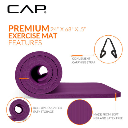 Tapis de yoga et d'exercice haute densité CAP Barbell avec sangle, 68"x24" 12mm - Bordeaux