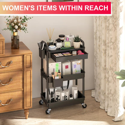 Goovilla 3 Tier Rolling Utility Cart Organizer with Removable Drawer, Stable and Sturdy Black Rolling Storage Carts with 2 Lockable Wheels for Bathroom, Kitchen, Snack, Craft, Makeup, Baby Essentials - Available at All In One Marketplace Canada