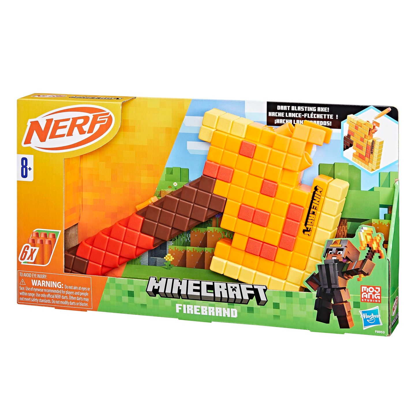 Nerf Minecraft Firebrand, Dart Blasting Axe, 6 Nerf Elite Foam Darts, Design Inspired by Minecraft Axe in The Game, Pull Down Priming, Minecraft Toys Nerf