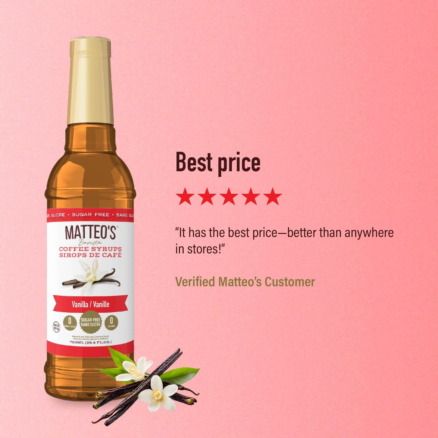 Matteo's Vanilla Barista Coffee Syrup - Sugar Free, Zero Carb, Keto-Friendly - 25.4 Oz Bottle, 6-Pack