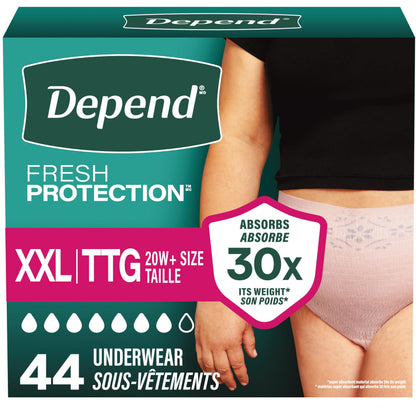 Depend Fresh Protection Adult Incontinence Underwear for Women (Formerly Depend Fit-Flex), Disposable, Maximum, Extra-Extra-Large, Blush, 44 Count (2 Packs of 22)
