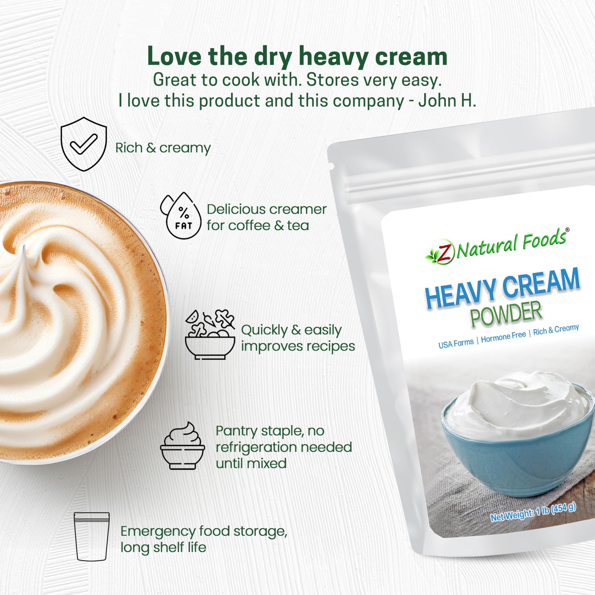 Z Natural Foods Heavy Cream Powder - 1 lb Shelf-Stable Powdered Cream for Coffee, Baking & Cooking