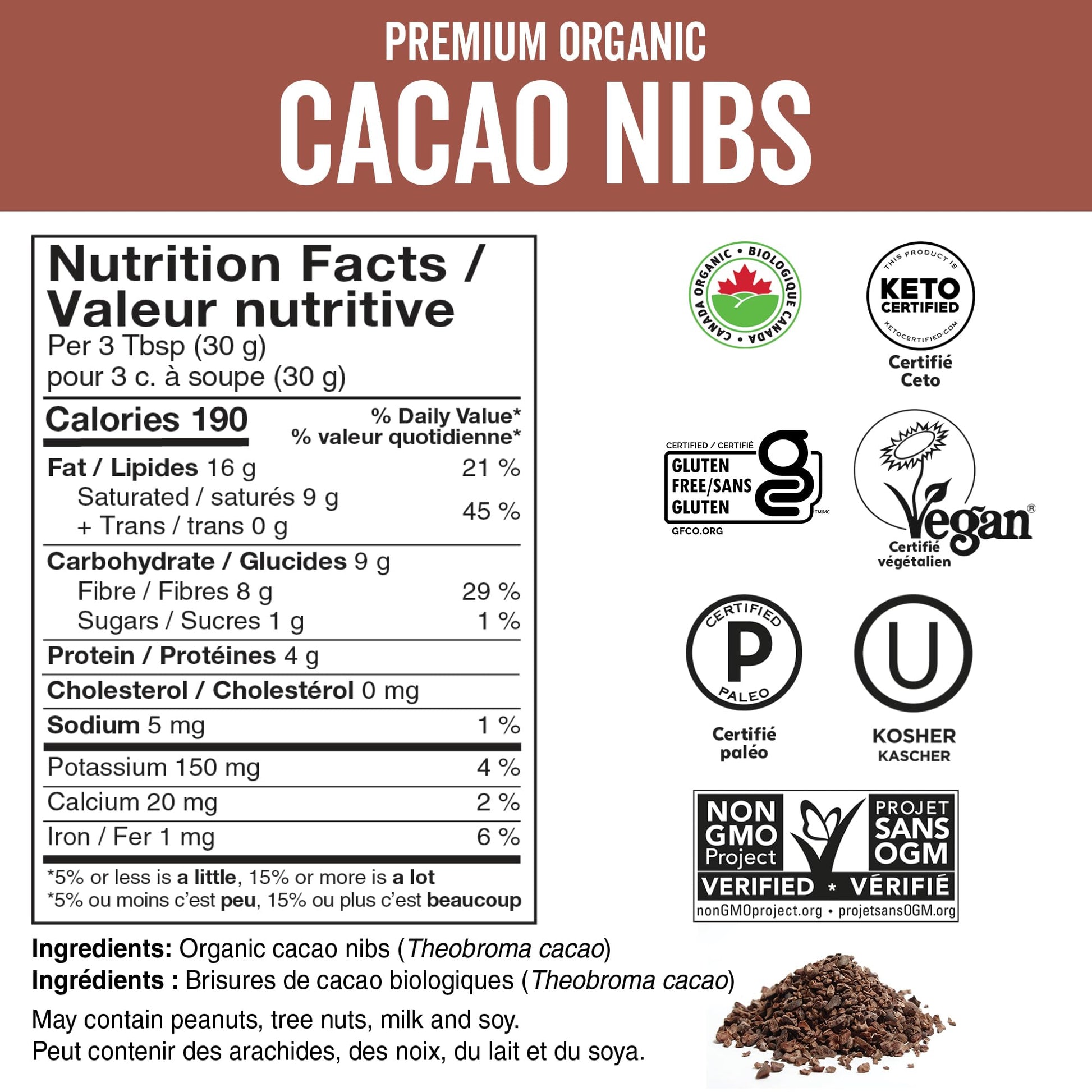 Viva Naturals Organic Cacao Nibs, 1 lb (454 g) - Certified Organic, Keto & Vegan, Gluten-Free Baking