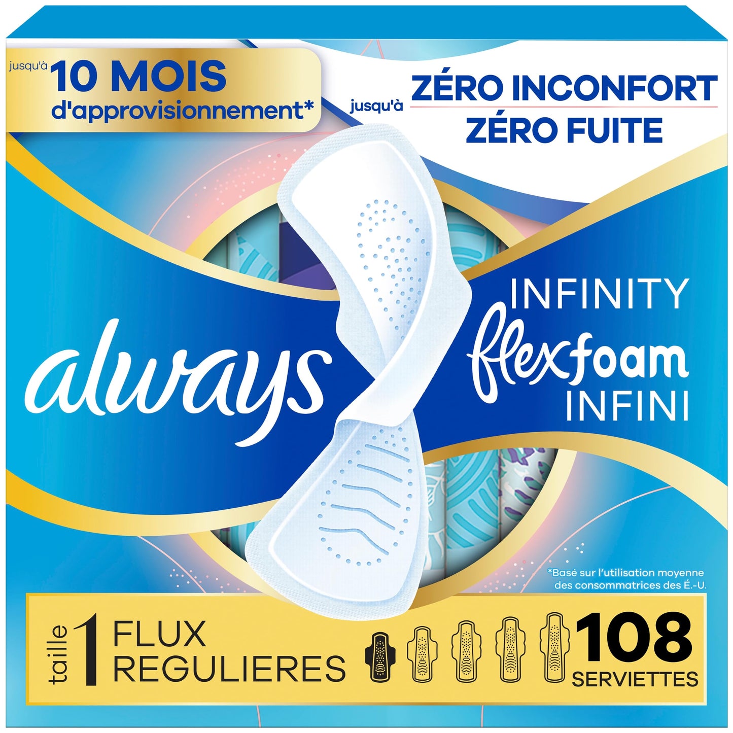 Always Infinity FlexFoam Pads for Women, Size 1, Regular Pad with Wings, Unscented, 108 Count