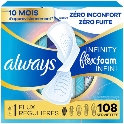Always Infinity FlexFoam Pads for Women, Size 1, Regular Pad with Wings, Unscented, 108 Count